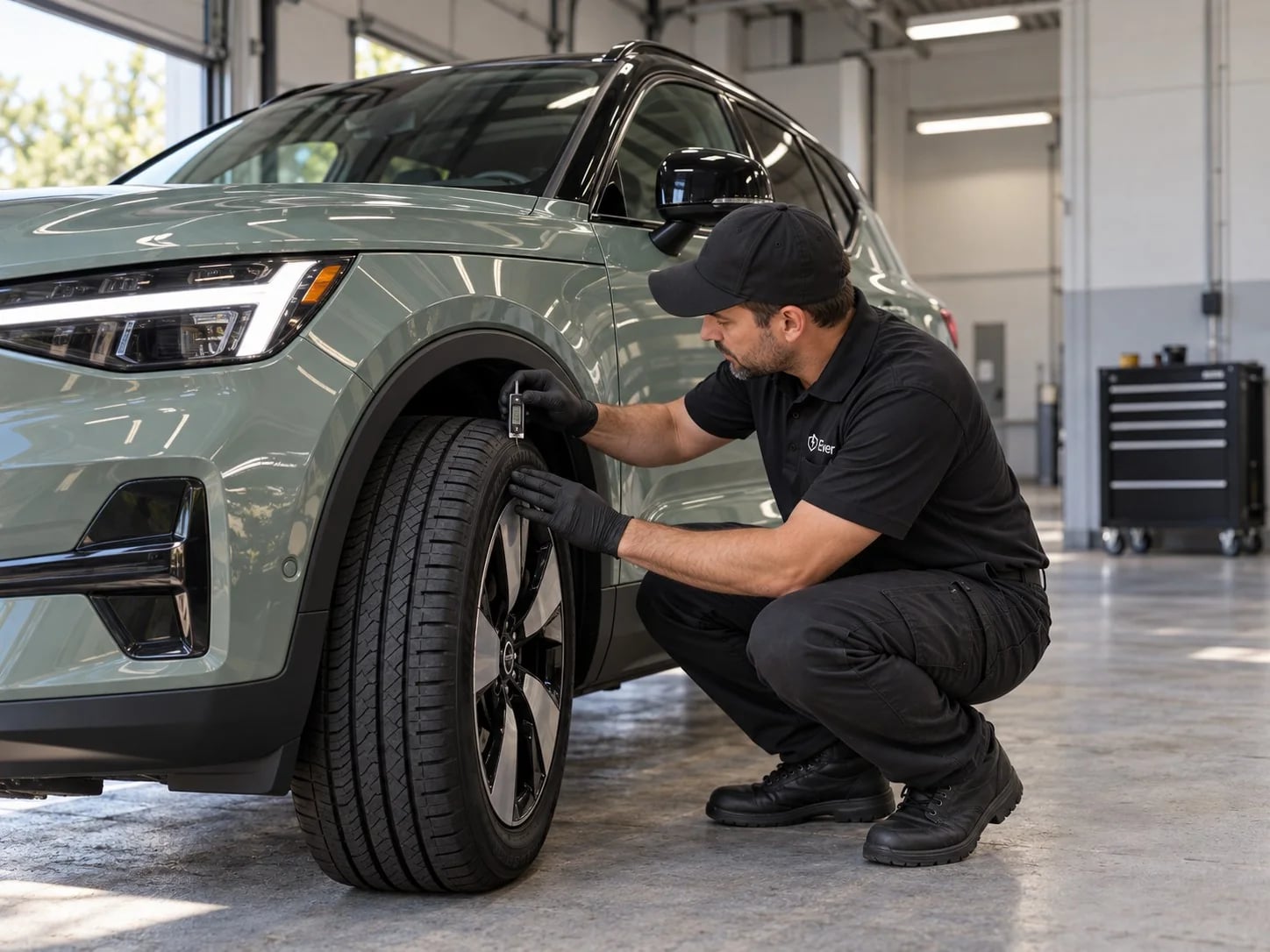 An Ever technician crouched by a sage green SUV, checking its tire tread with a gauge