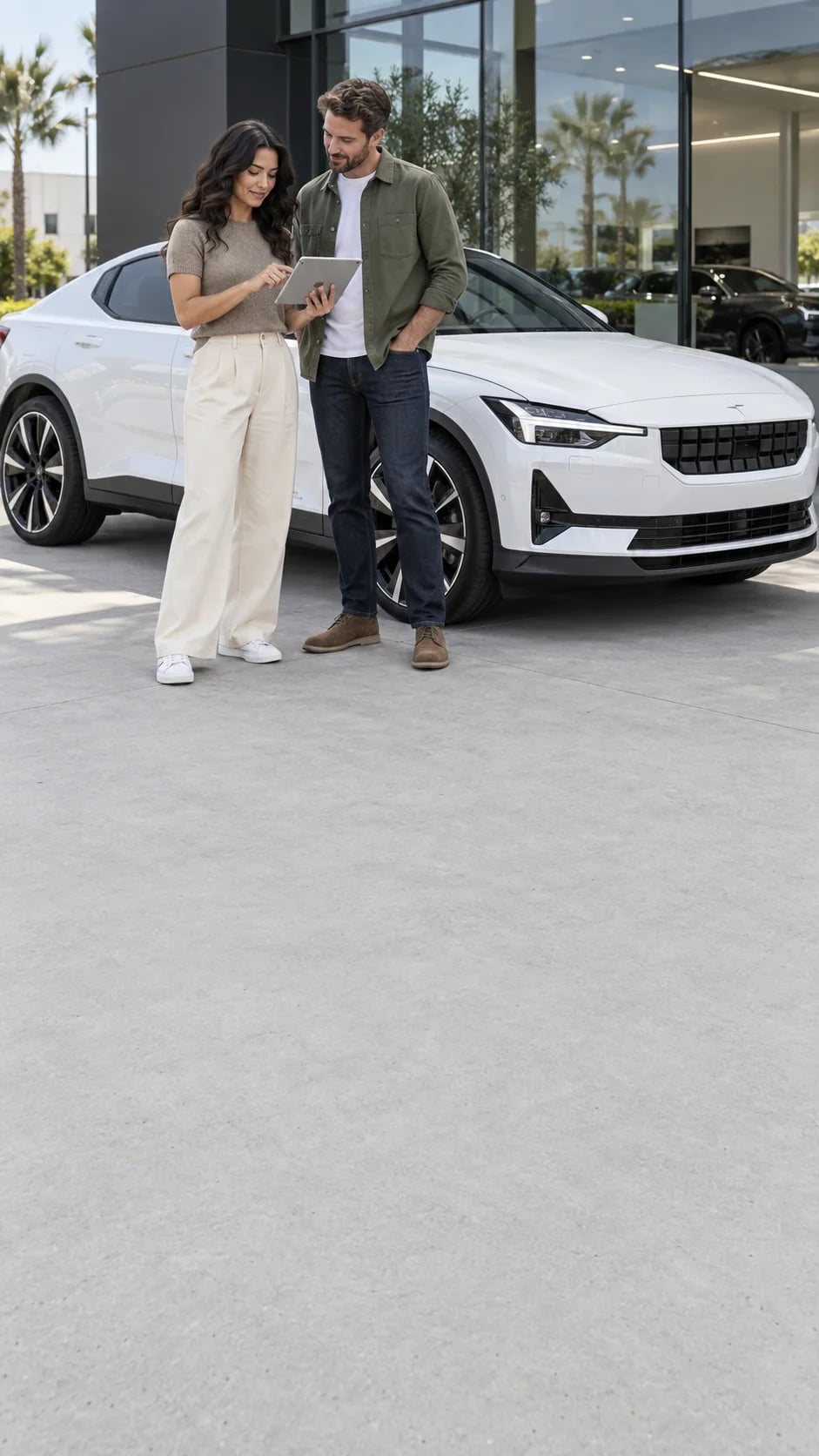 A woman and a man reading a tablet beside a white Polestar 2 outside a glass showroom, seen across a sunlit forecourt