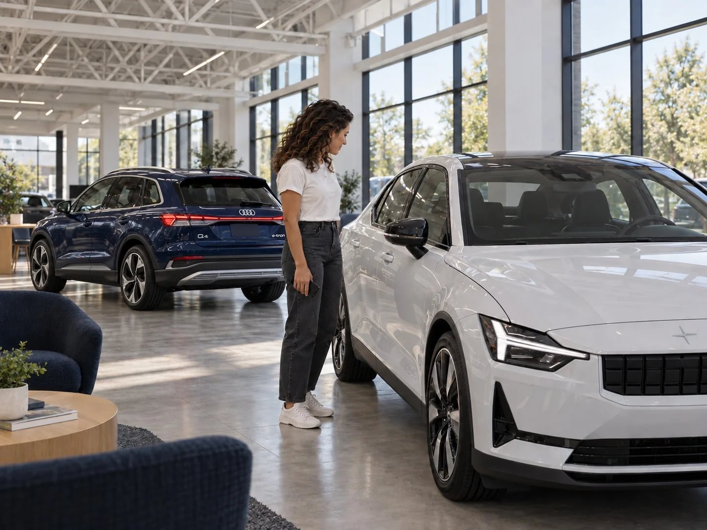 A car seller in a showroom, looking over a white sedan