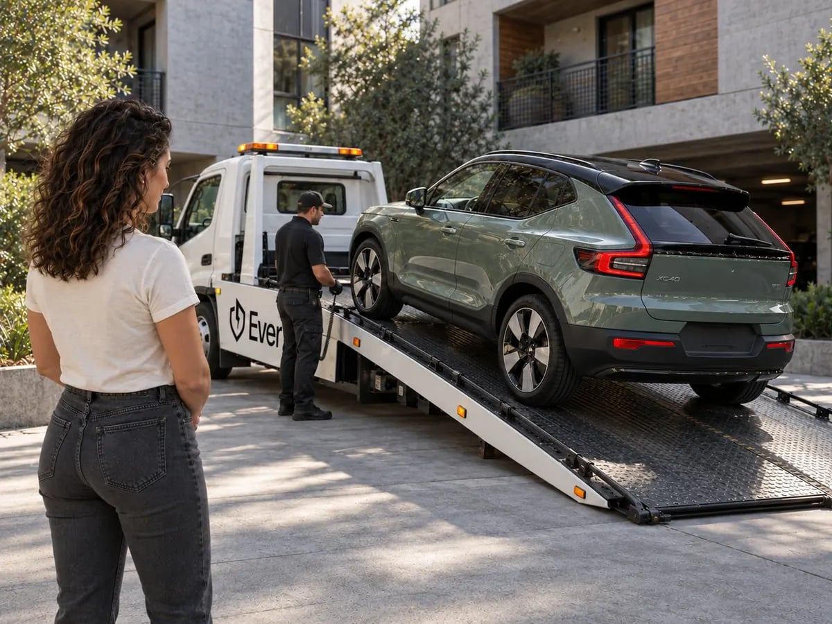 A car seller watching an Ever driver load their sage green SUV onto the Ever flatbed