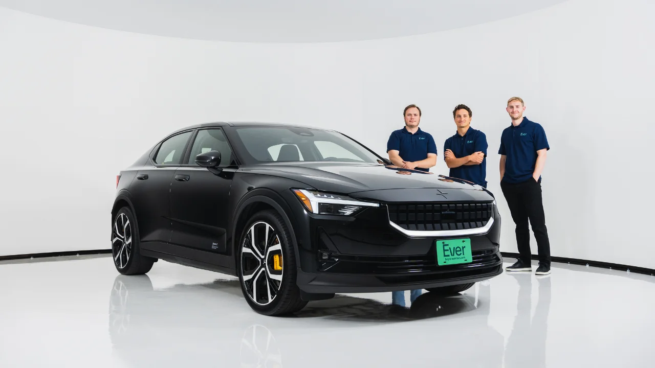 Ever Co-founders standing next to a Polestar 2